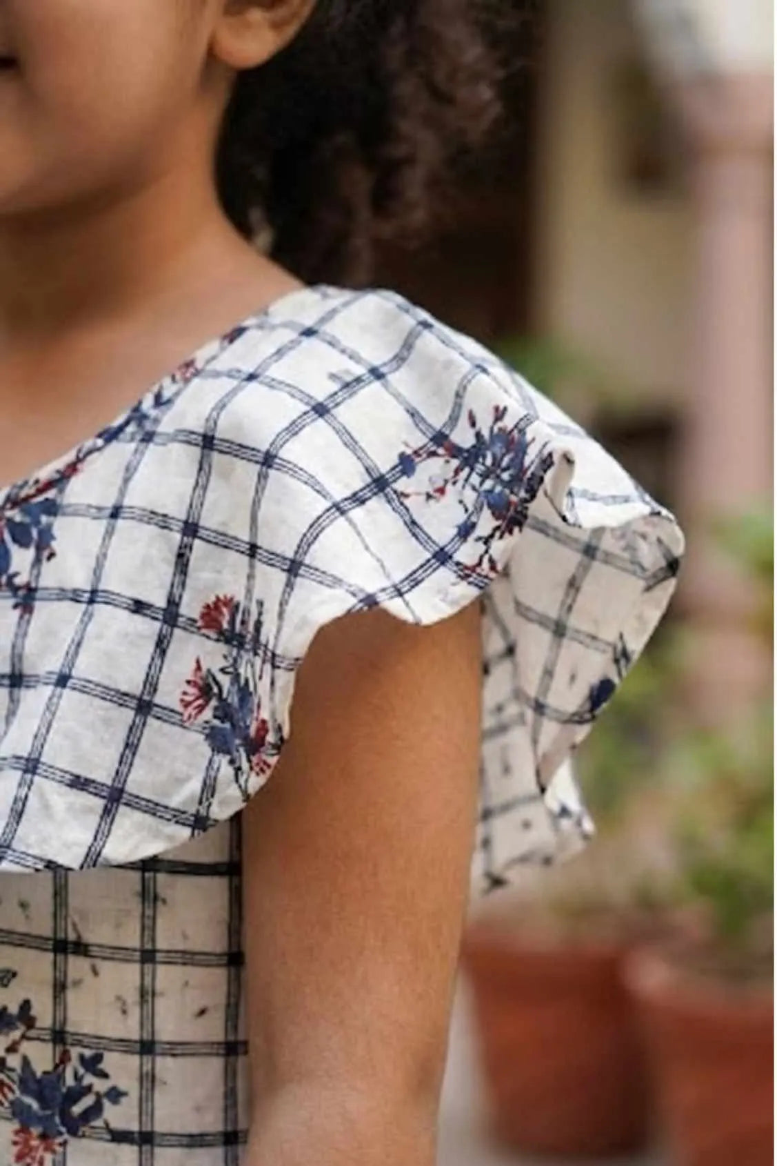 White Checkered Floral Print Frock For Girls