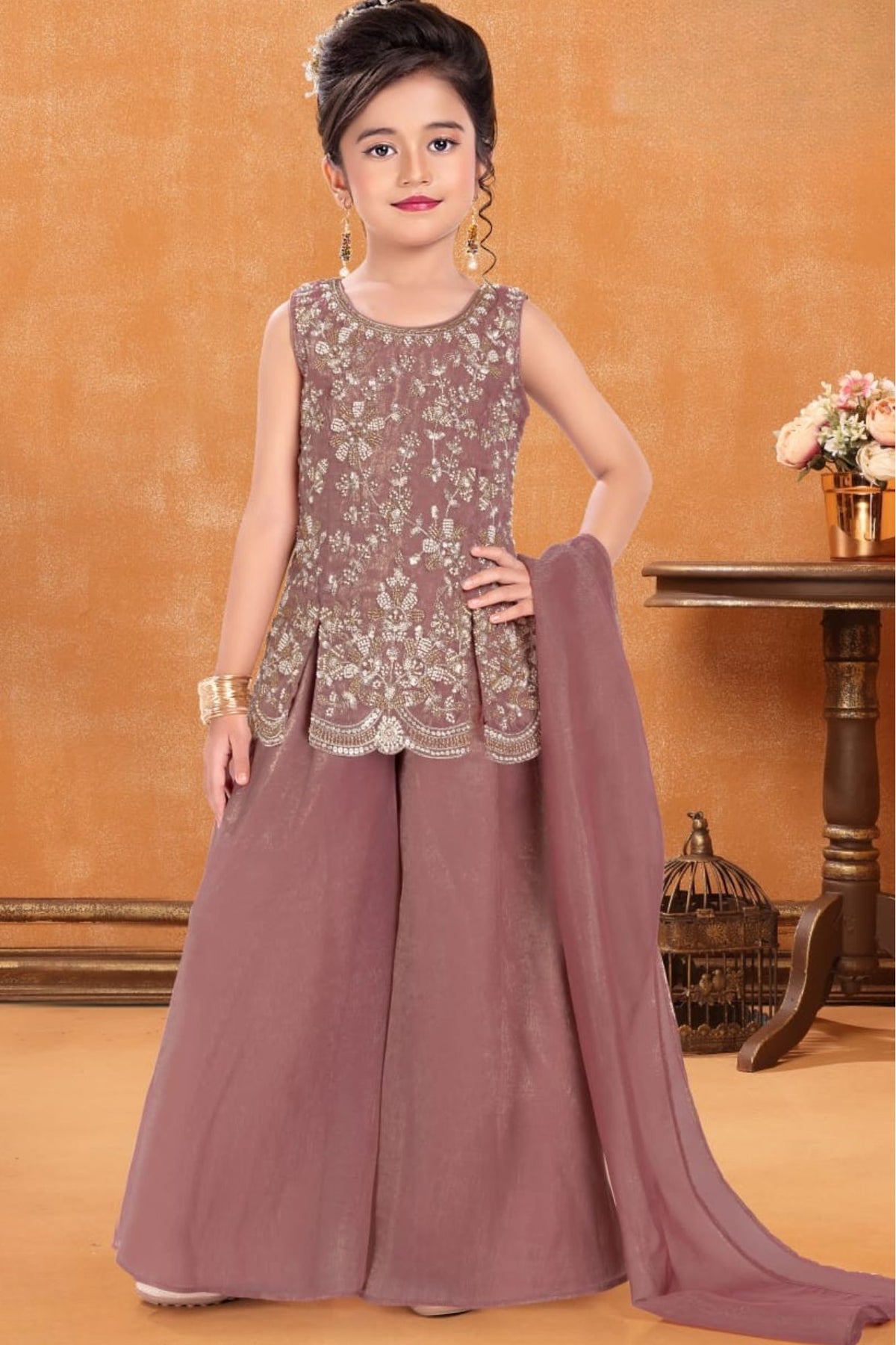 Girls Onion Pink Silver Floral Embroidered Palazzo Set With Dupatta