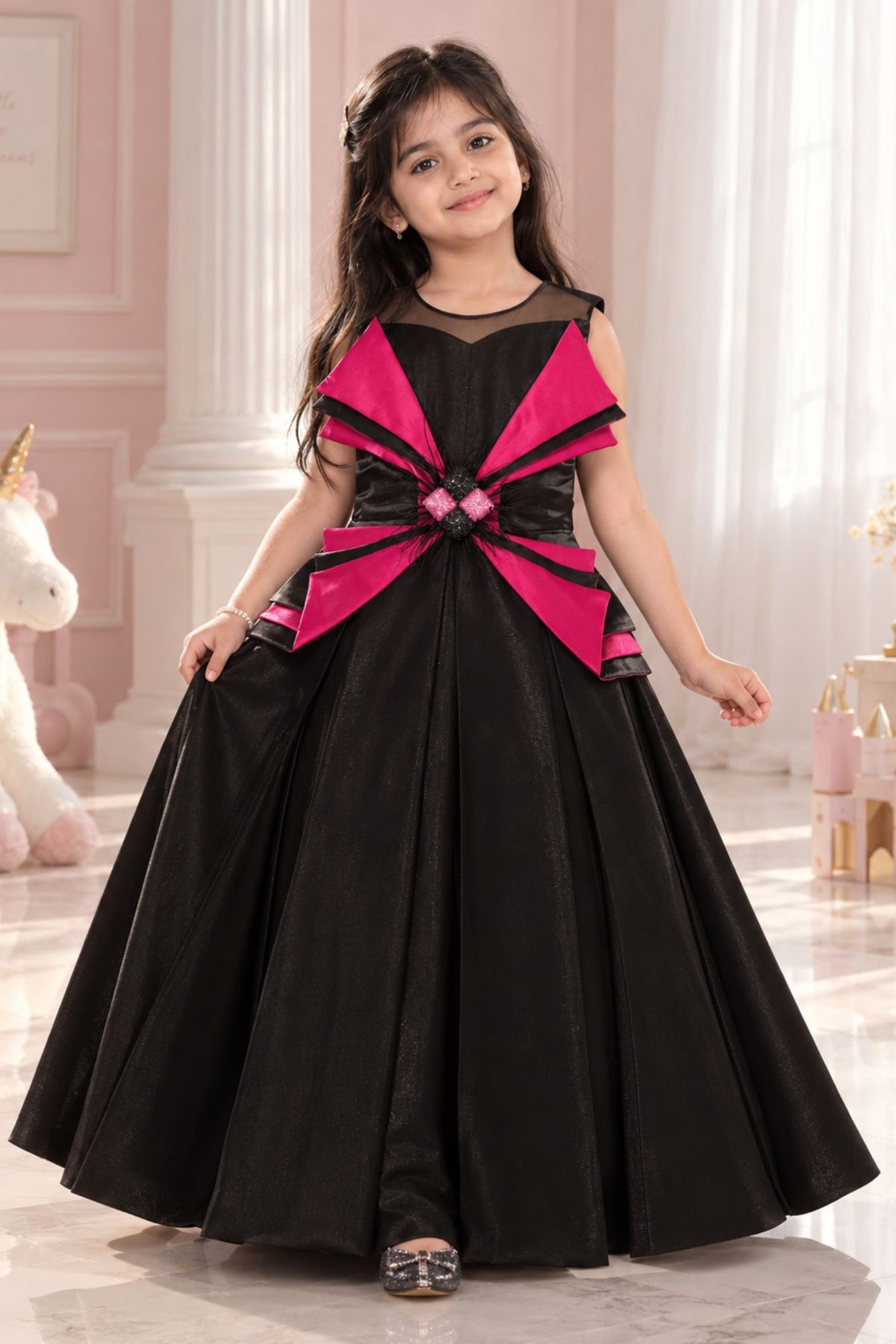 Black Sleeveless With Bow Embellished Gown For Girls