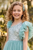 Girls Aqua Blue Sequin Embellished Asymmetric Ruffle Party Wear Gown