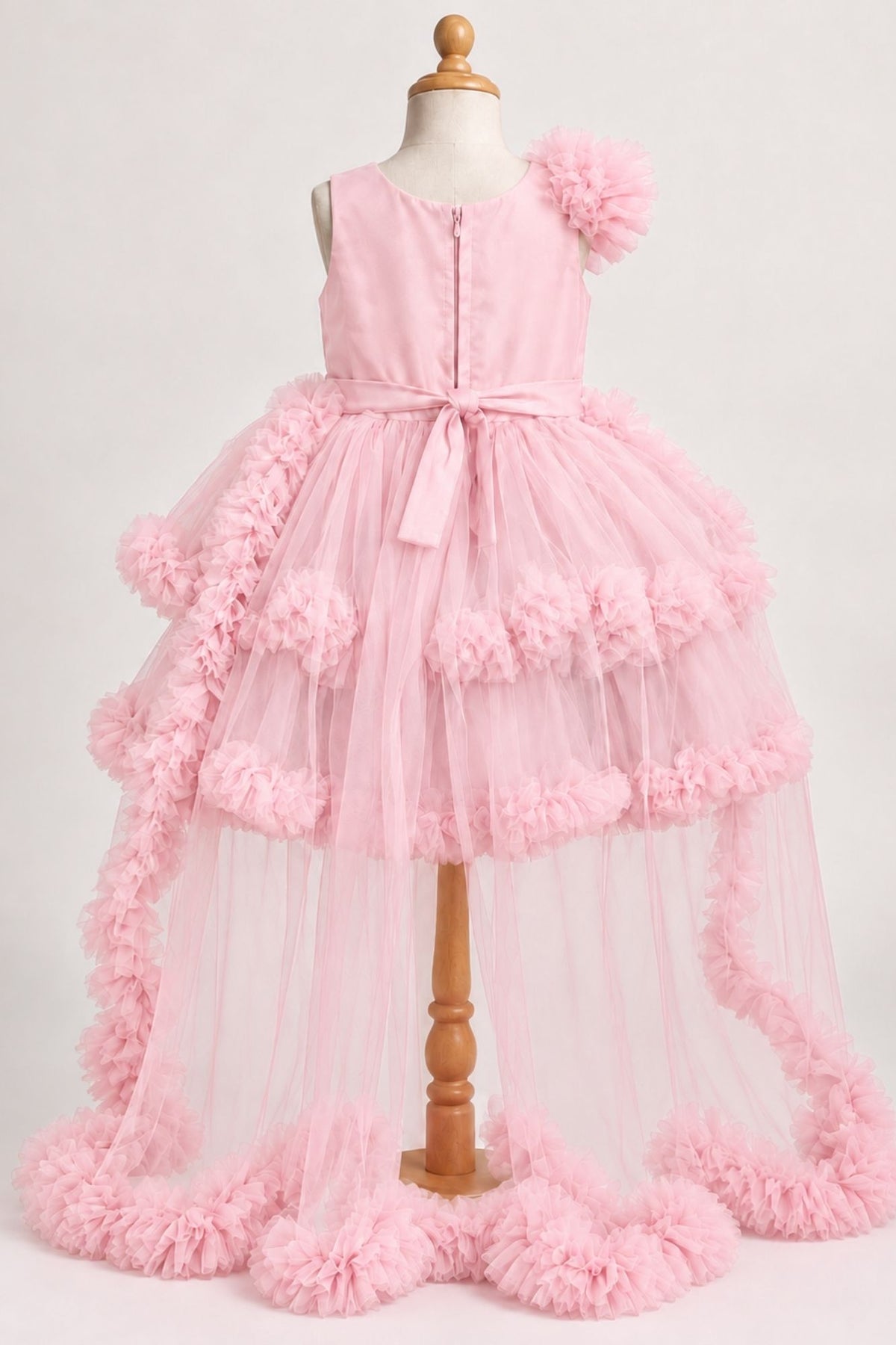 Girls Pink Floral Net High-Low Party Frock