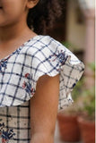 White Checkered Floral Print Frock For Girls