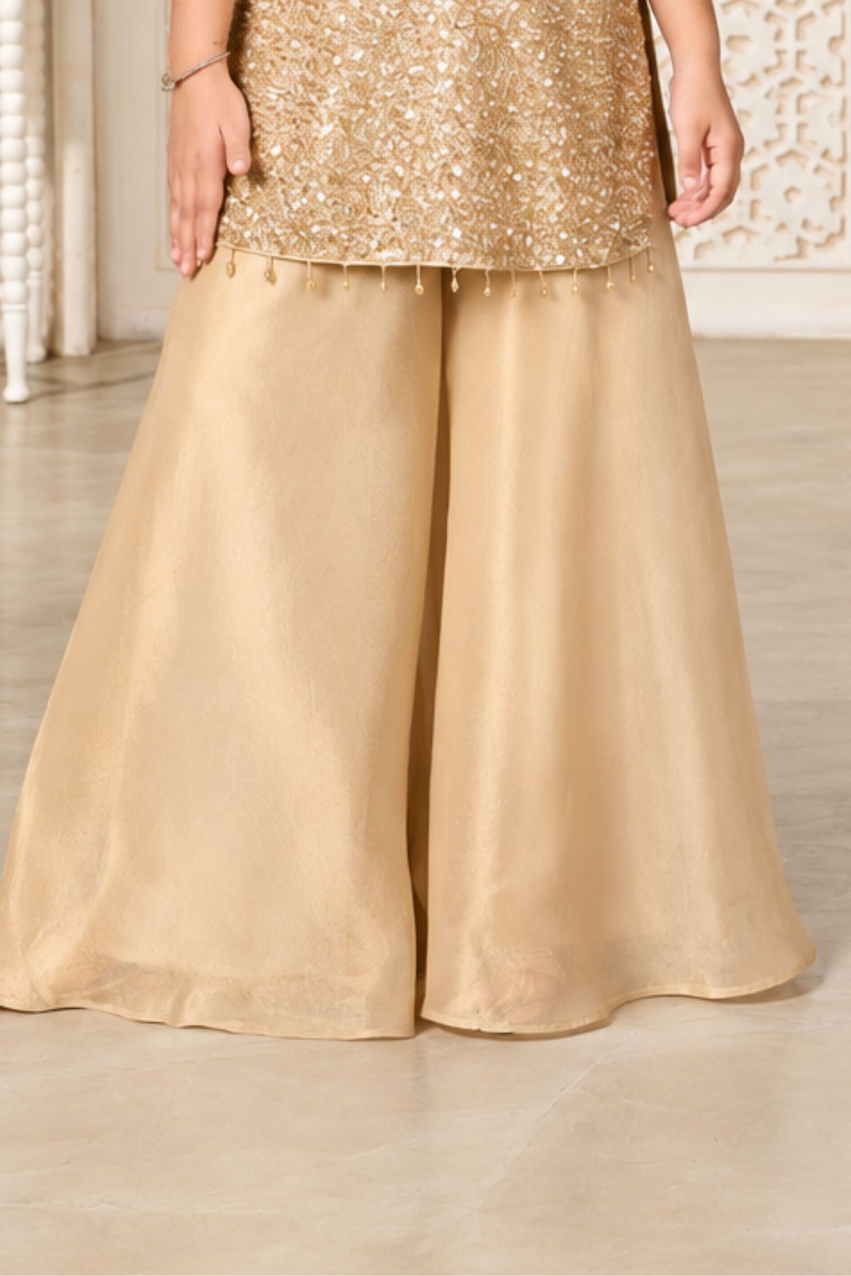 Girls Elegant Champagne Gold Densely Sequin Embellished Palazzo Set