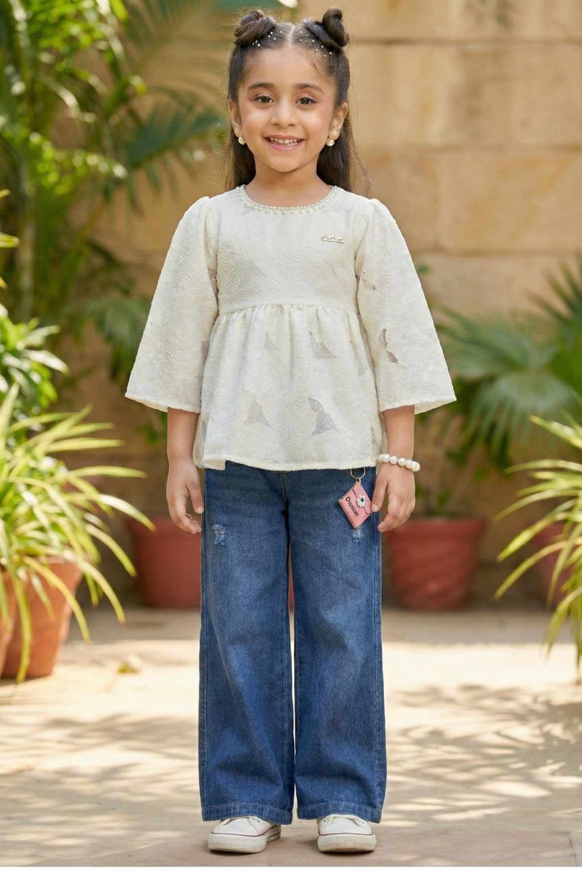 Cream Peplum Top with Bell Sleeves and Wide-Leg Jeans Set For Girls