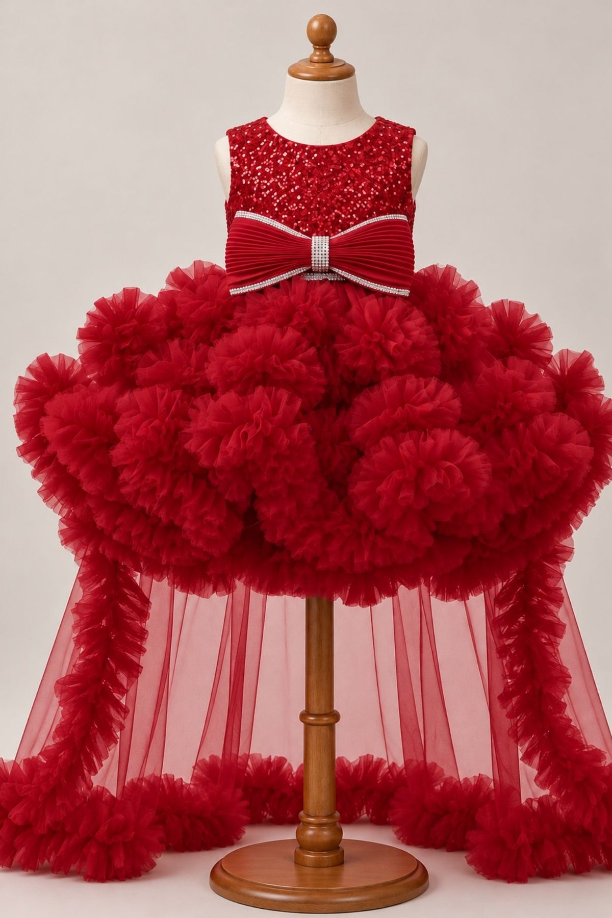 Girls Red Sequin High-Low Party Wear Frock