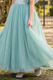 Girls Aqua Blue Sequin Embellished Asymmetric Ruffle Party Wear Gown