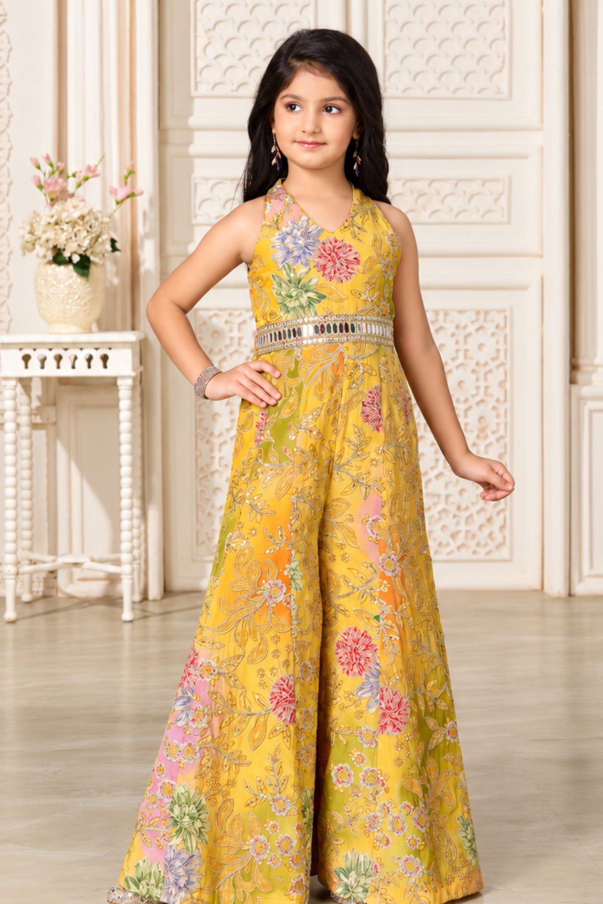 Girls Elegant Mustard Yellow Multicolor Floral And Embroidered Jump Suit