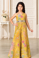 Girls Elegant Mustard Yellow Multicolor Floral And Embroidered Jump Suit