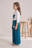Girls White Floral Embroidered Top with Teal Green Pleated Palazzo Pants Set