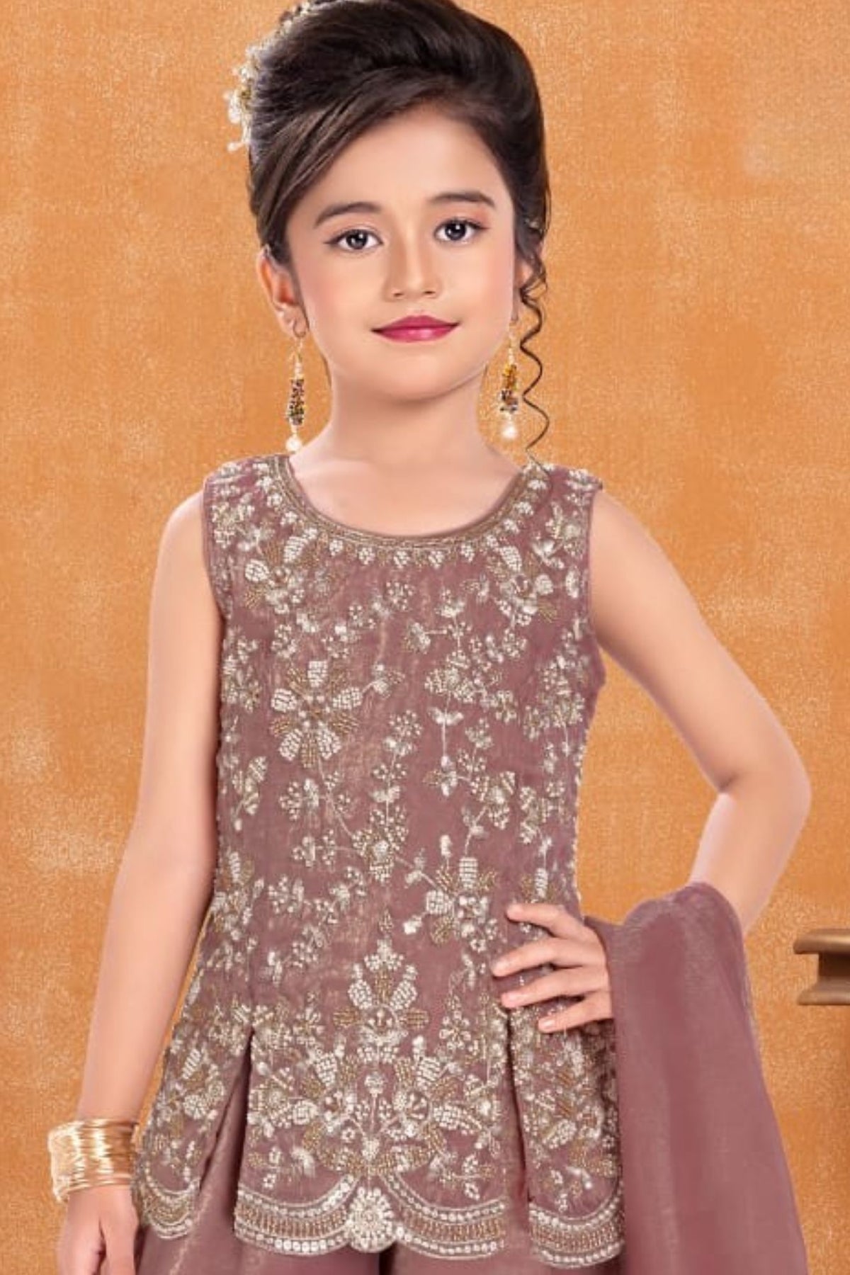Girls Onion Pink Silver Floral Embroidered Palazzo Set With Dupatta