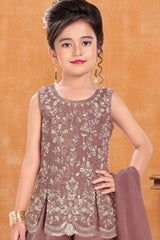 Girls Onion Pink Silver Floral Embroidered Palazzo Set With Dupatta