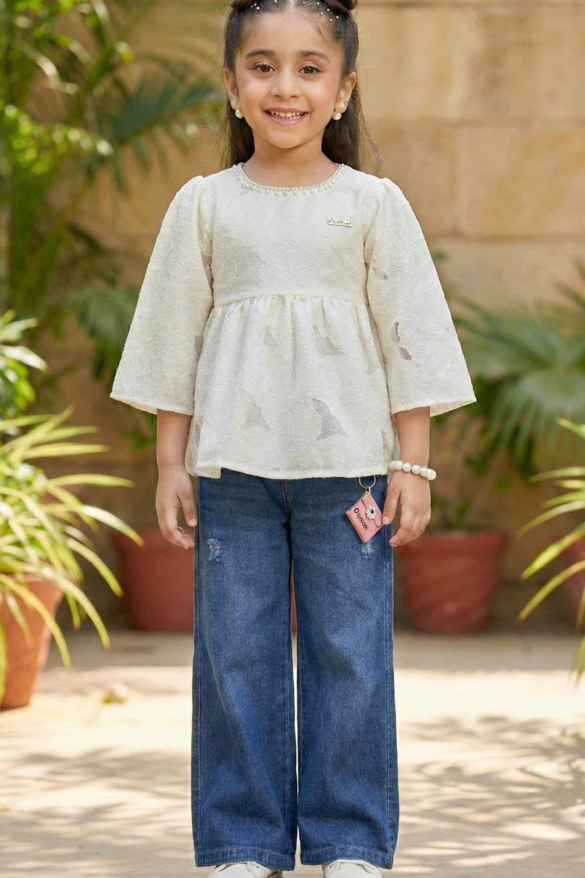Cream Peplum Top with Bell Sleeves and Wide-Leg Jeans Set For Girls