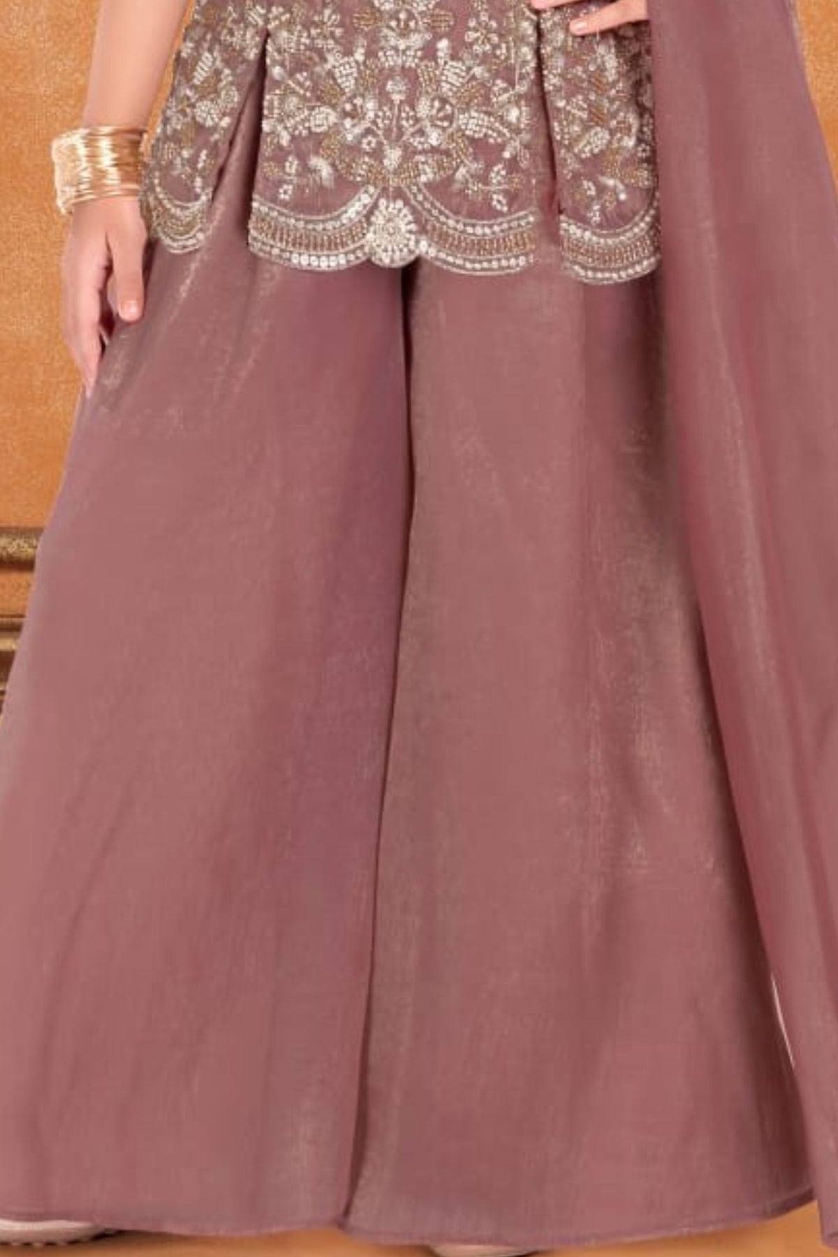 Girls Onion Pink Silver Floral Embroidered Palazzo Set With Dupatta