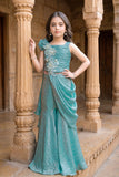Girls Teal Blue Sequin Embellished Draped Sharara Set