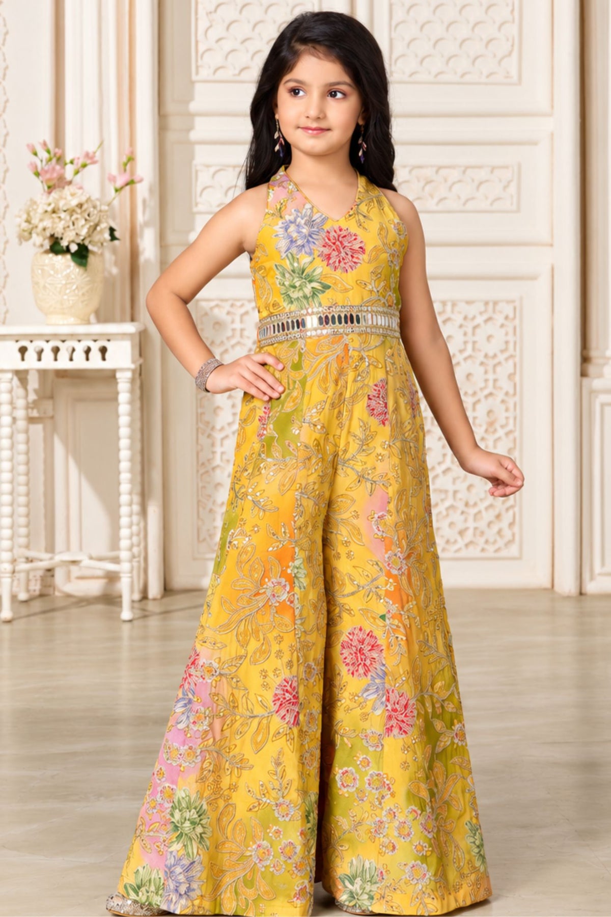 Girls Elegant Mustard Yellow Multicolor Floral And Embroidered Jump Suit