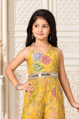 Girls Elegant Mustard Yellow Multicolor Floral And Embroidered Jump Suit