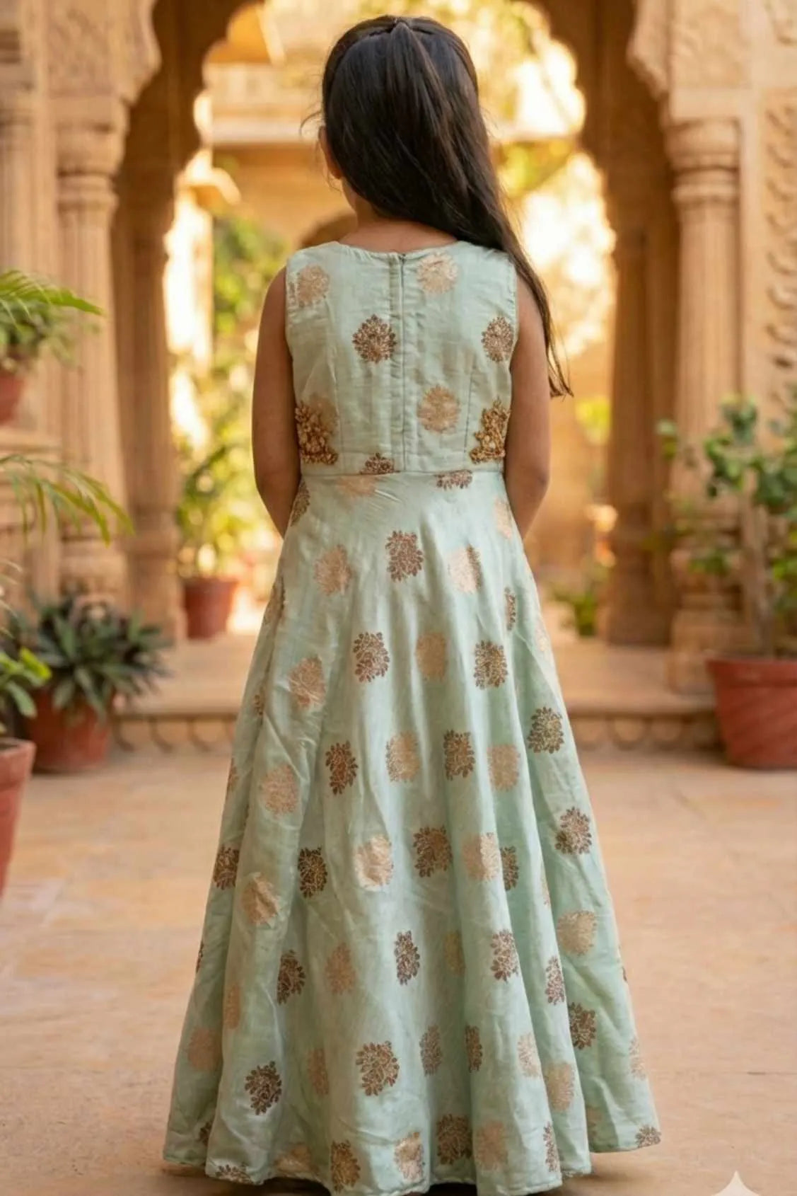 Mint Green Printed Ethnic Gown For Girls