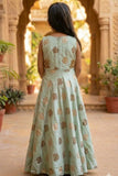 Mint Green Printed Ethnic Gown For Girls