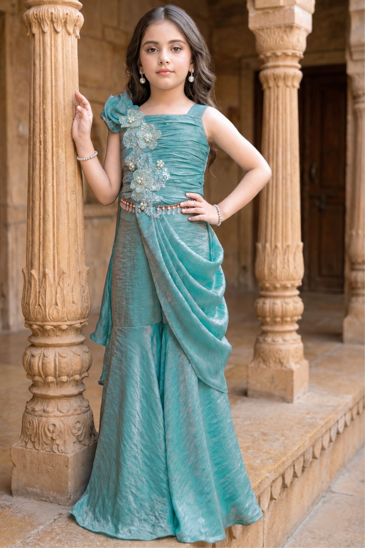 Girls Teal Blue Sequin Embellished Draped Sharara Set