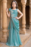 Girls Teal Blue Sequin Embellished Draped Sharara Set