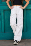 Girls White Solid Straight Fit Cargo Jeans