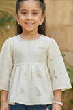 Cream Peplum Top with Bell Sleeves and Wide-Leg Jeans Set For Girls
