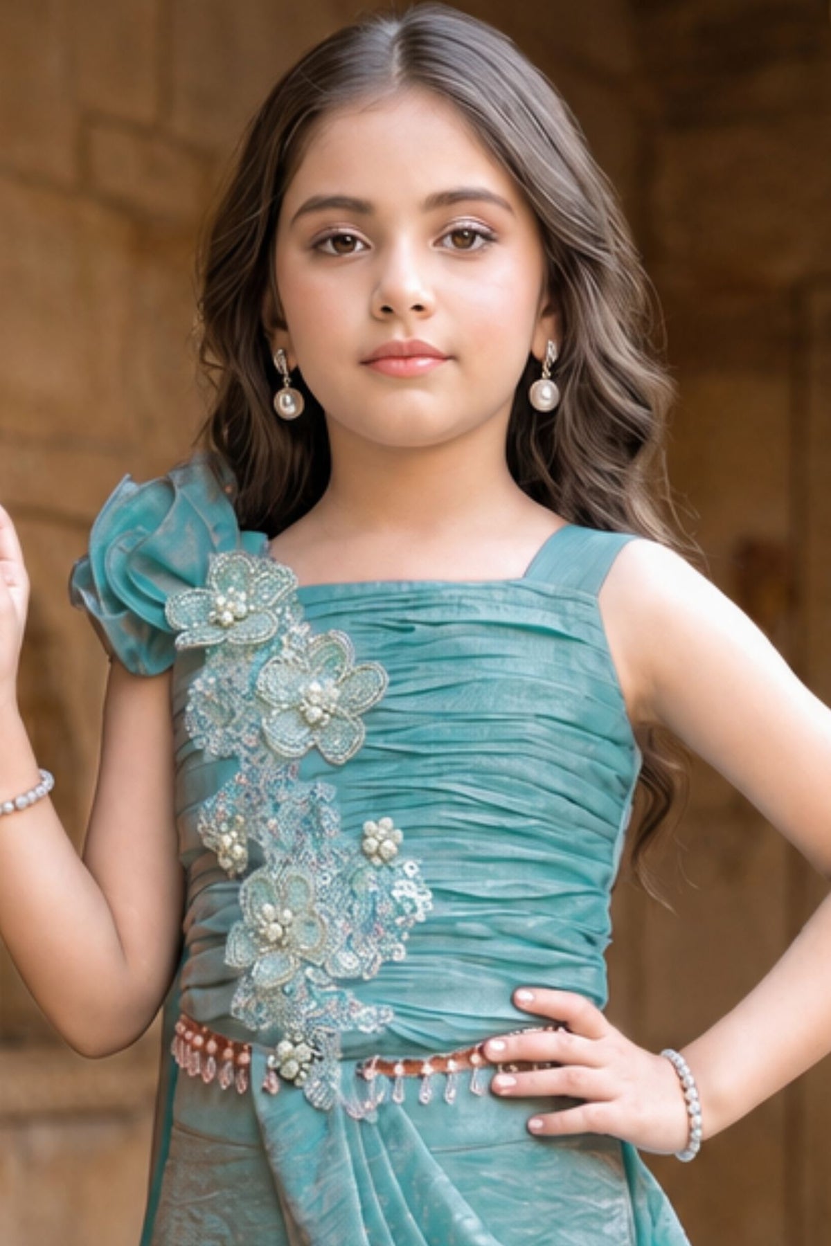 Girls Teal Blue Sequin Embellished Draped Sharara Set