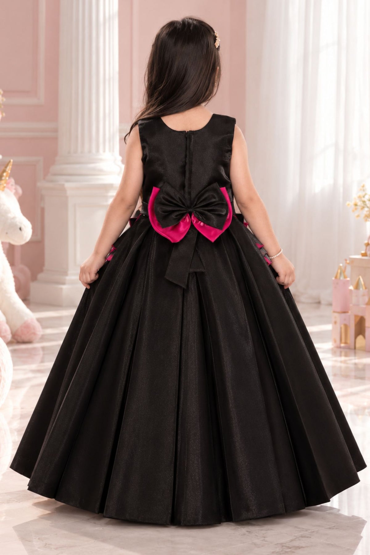 Black Sleeveless With Bow Embellished Gown For Girls