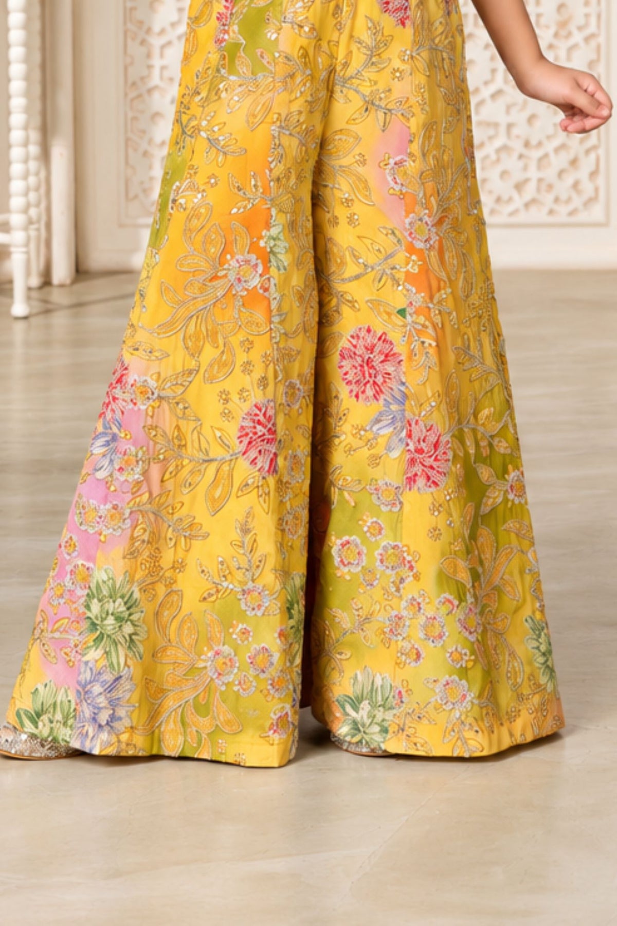 Girls Elegant Mustard Yellow Multicolor Floral And Embroidered Jump Suit