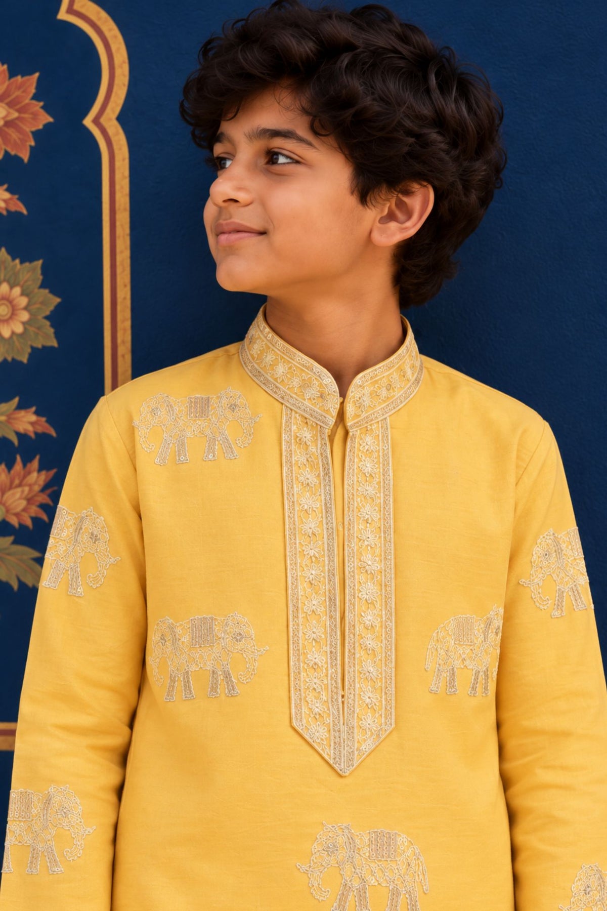 Boys Elegant Yellow Elephant Embroidered Kurta Set