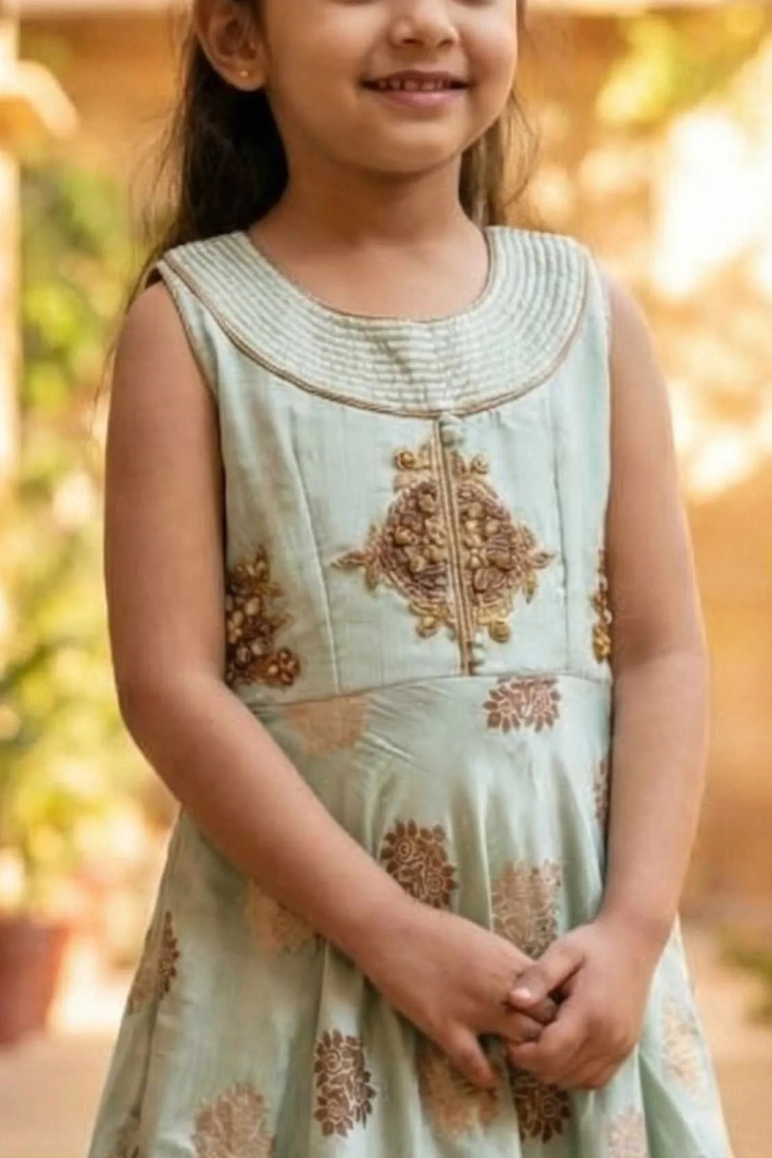 Mint Green Printed Ethnic Gown For Girls