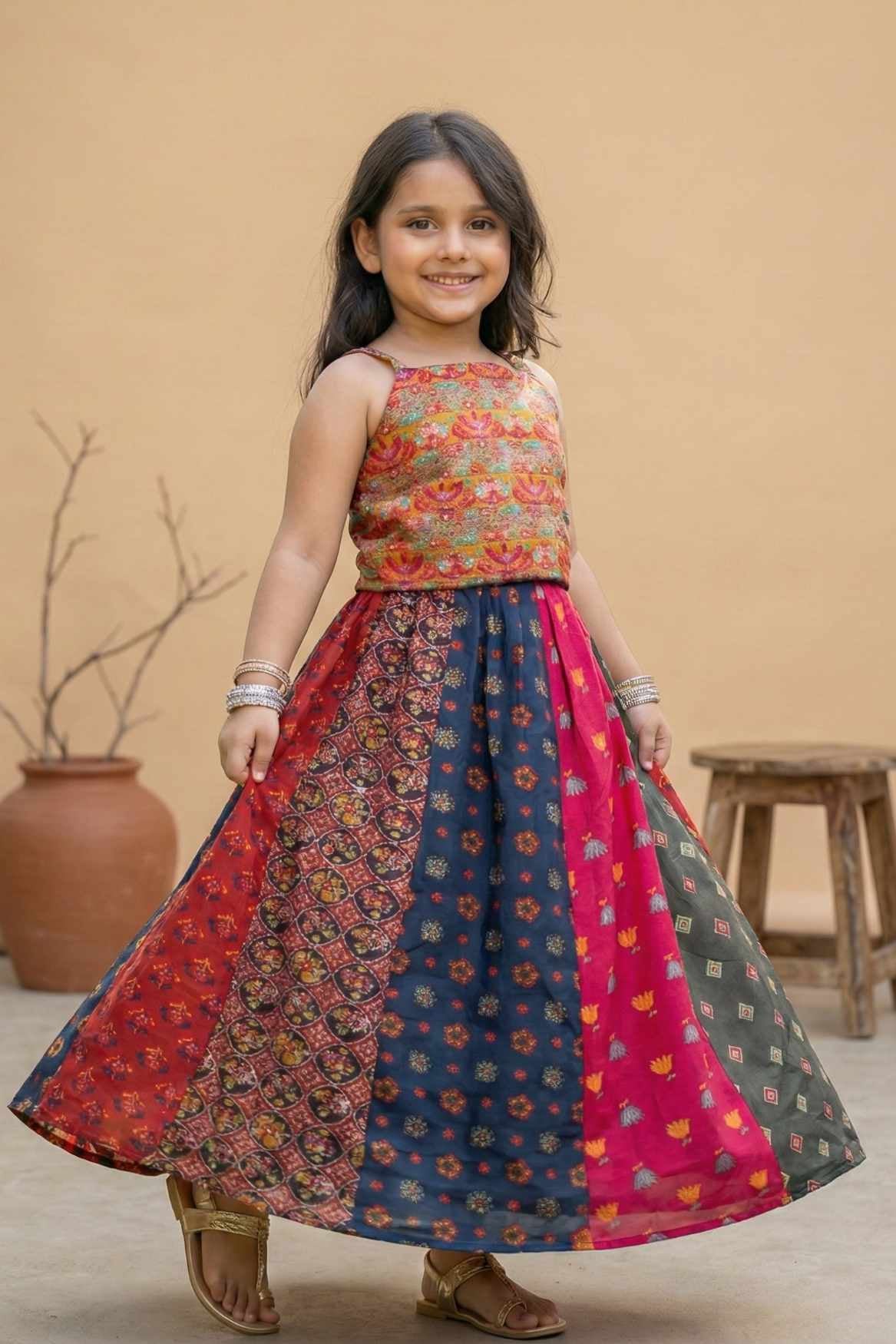Multicolor Bandhani Printed And Floral Embroidered Lehenga Choli for Girls