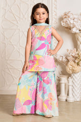 Girls Vibrant Aqua Blue Multicolor Floral Printed Palazzo Set