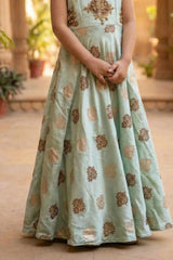 Mint Green Printed Ethnic Gown For Girls