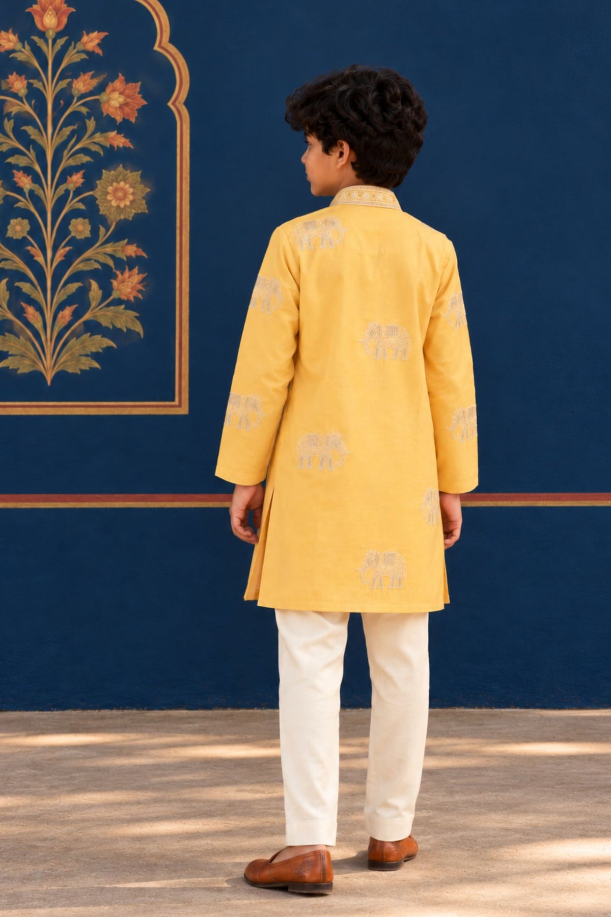 Boys Elegant Yellow Elephant Embroidered Kurta Set