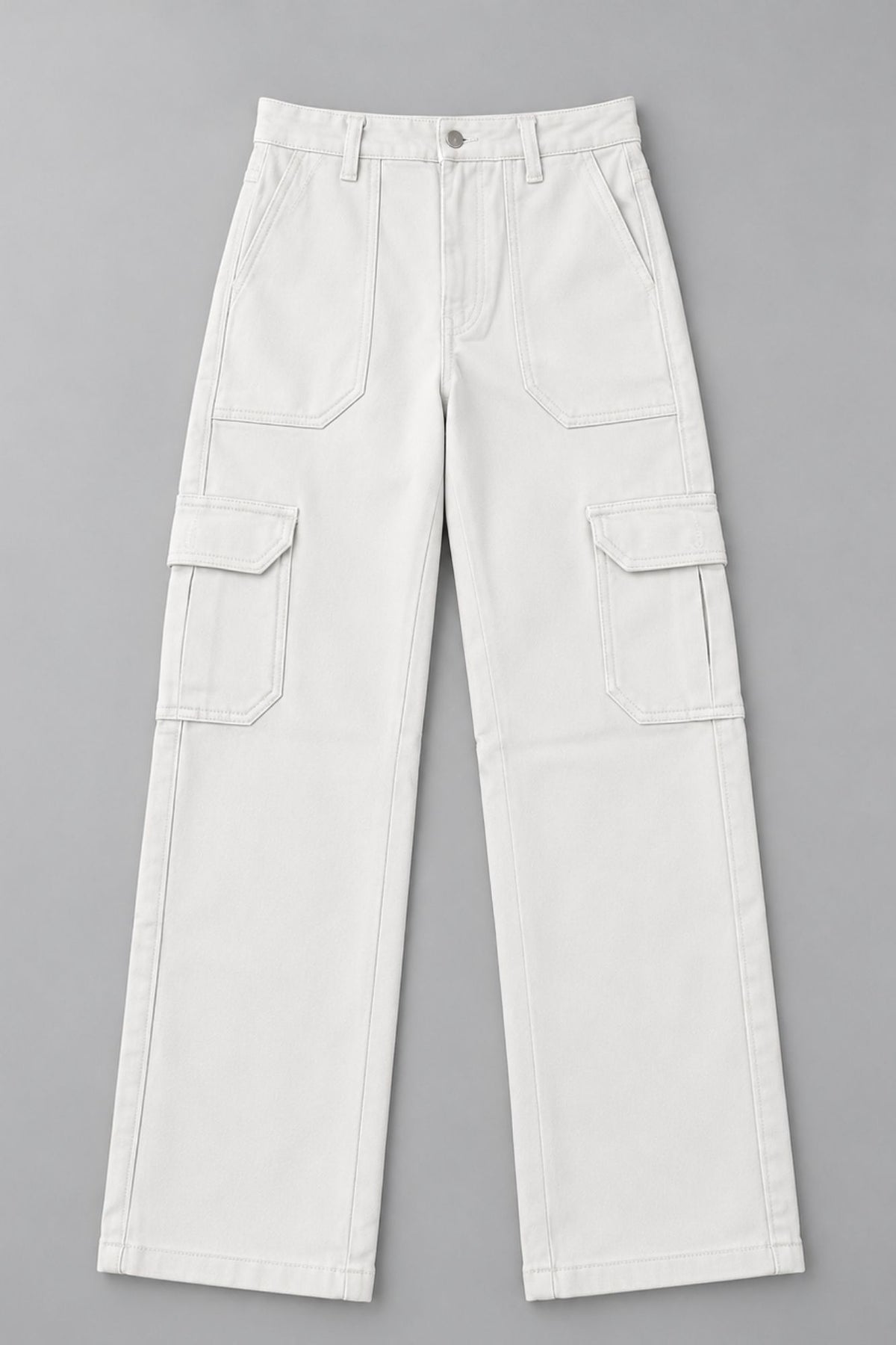 Girls White Solid Straight Fit Cargo Jeans