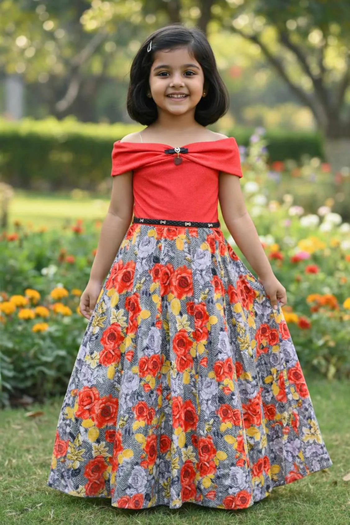 Red Off-Shoulder Gown For Girls
