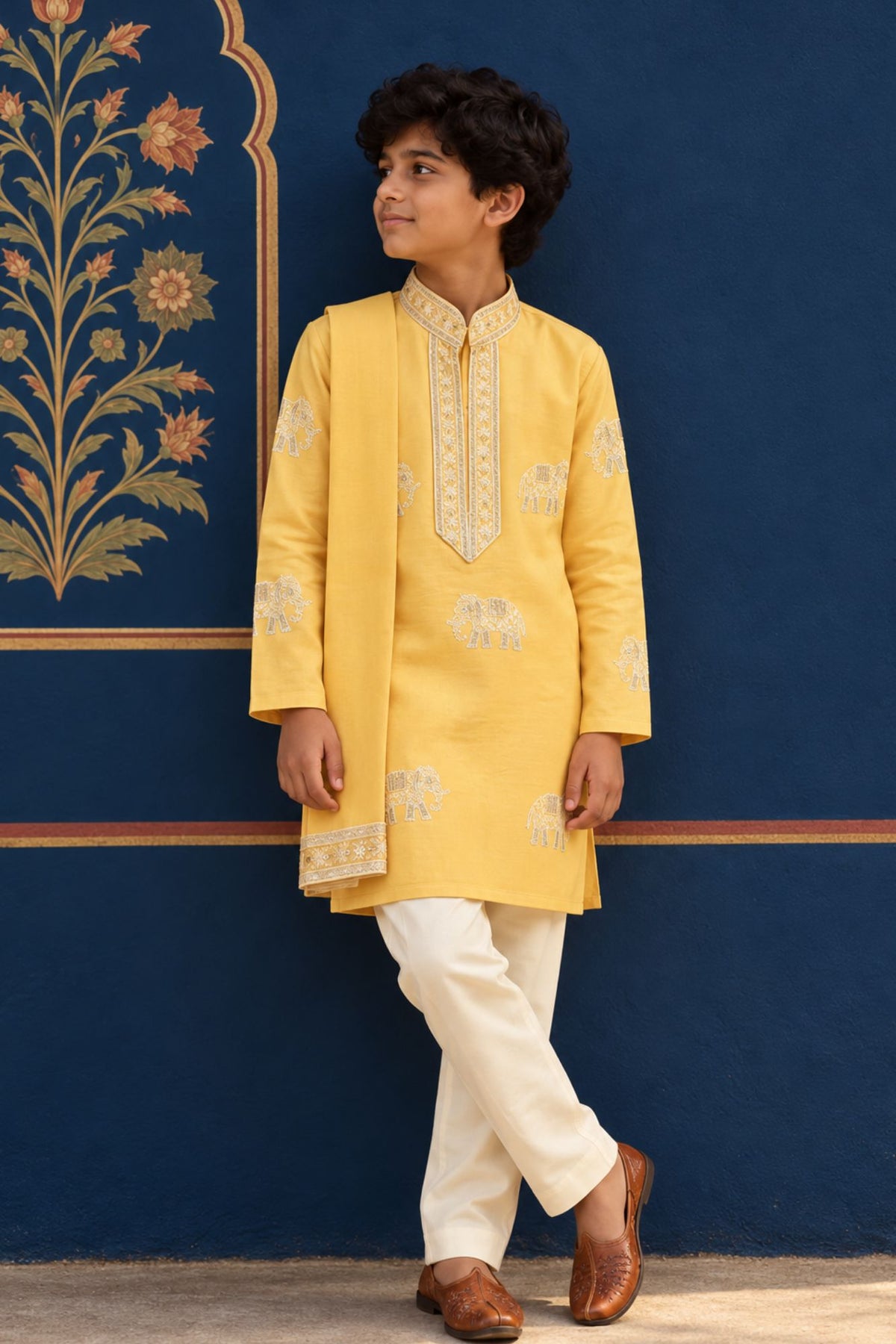 Boys Elegant Yellow Elephant Embroidered Kurta Set
