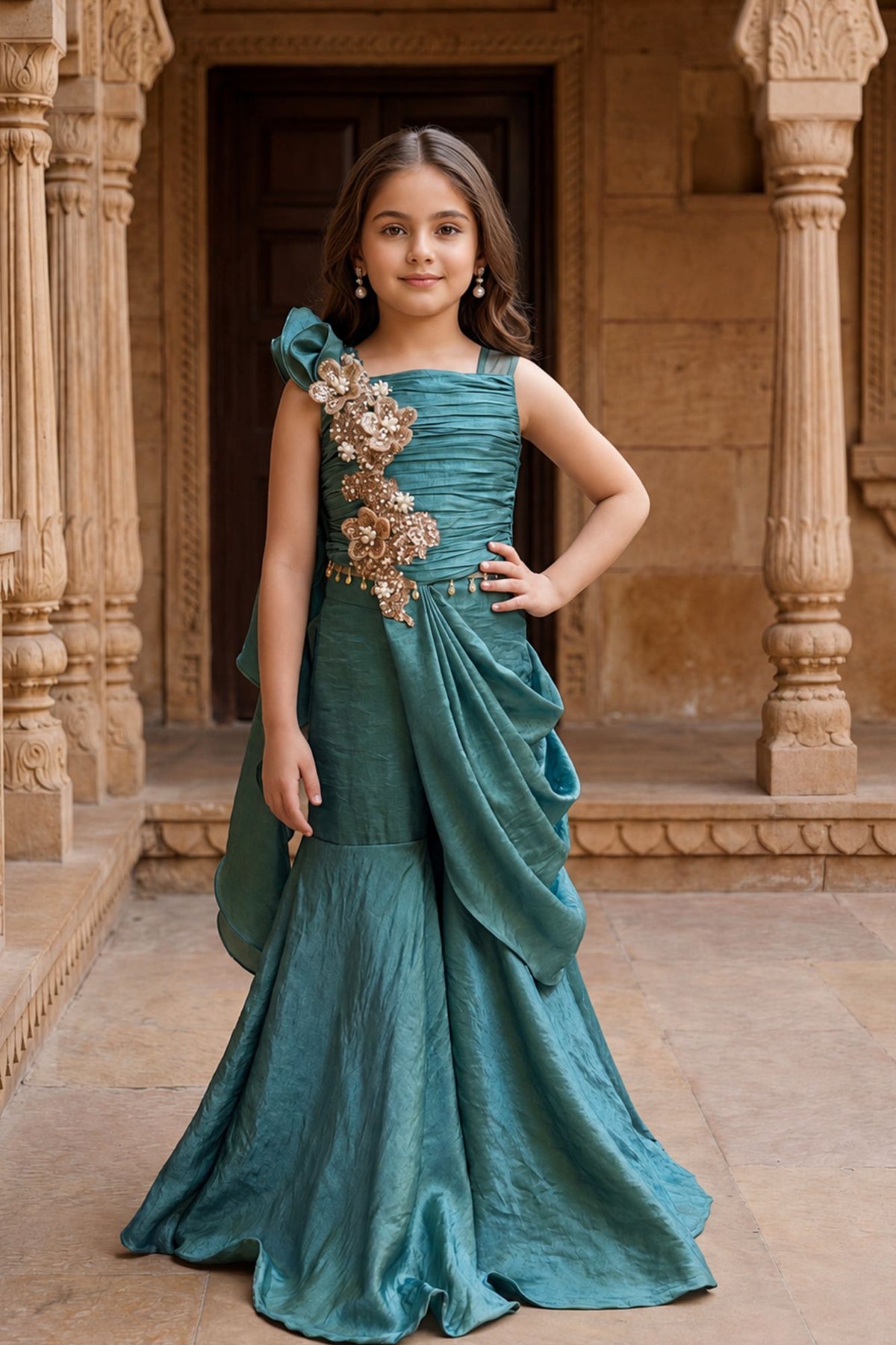 Girls Teal Green Sequin Embellished Draped Sharara Set