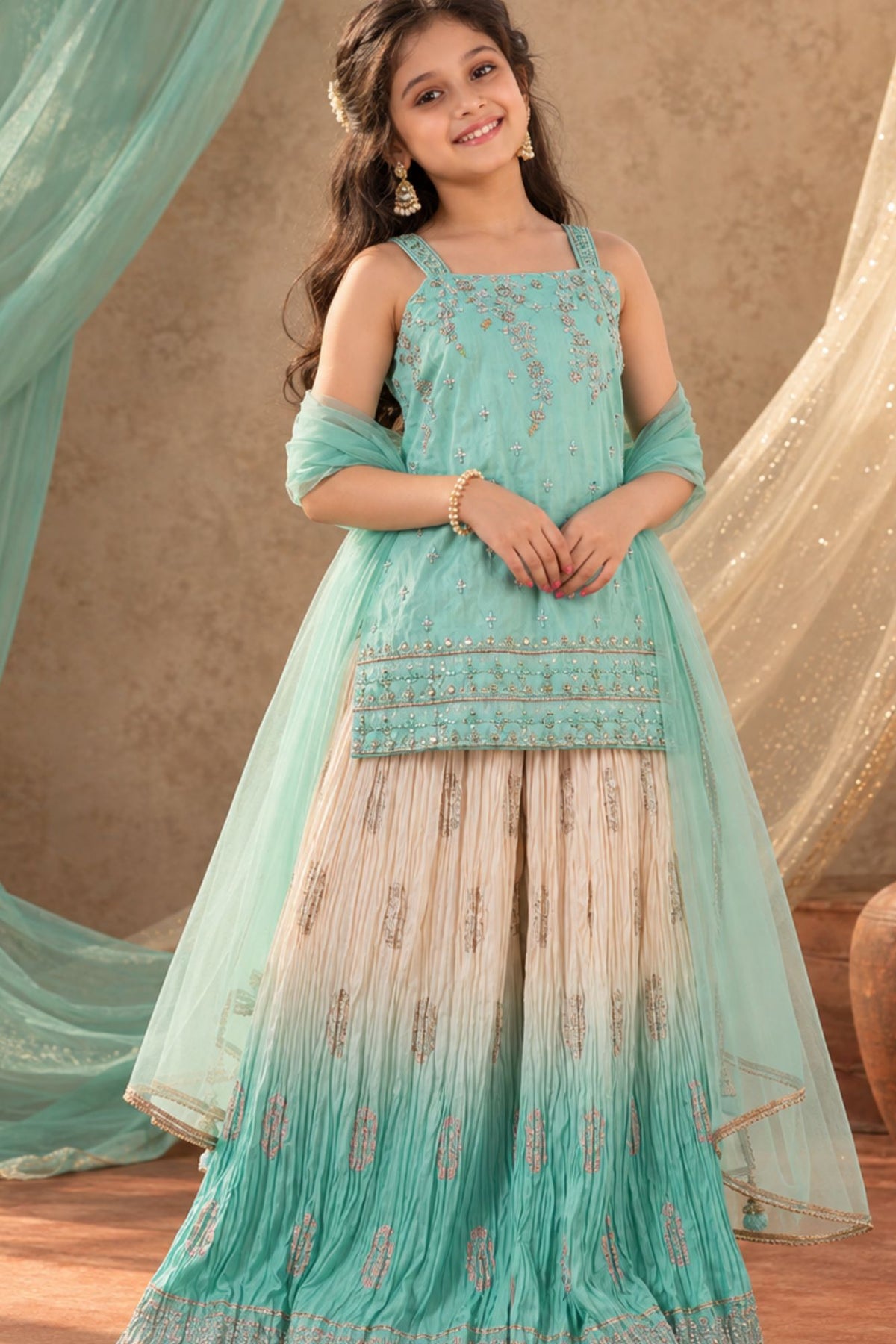 Pista Green Mirror Work And Embroidery Palazzo Set For Girls