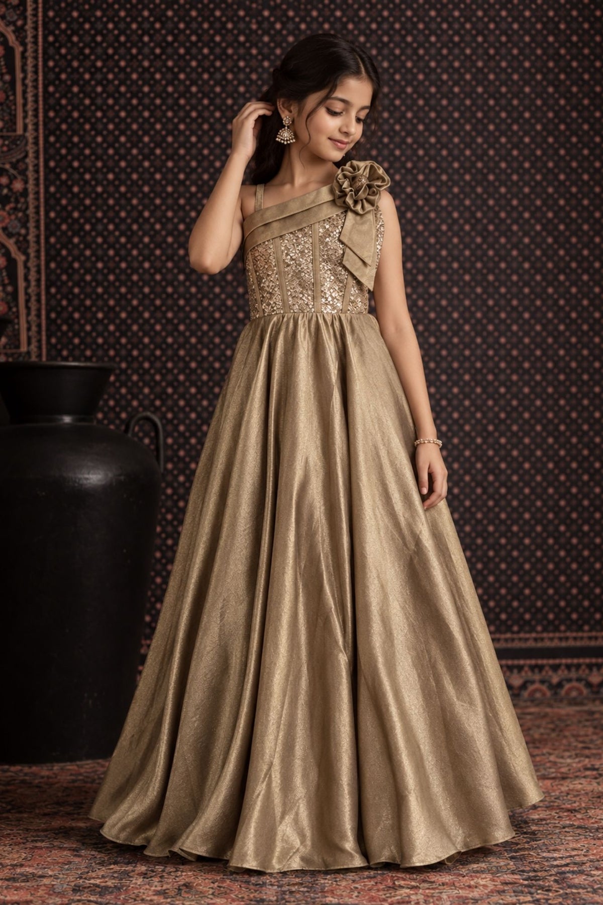 Girls Champagne Gold Sequined One Shoulder Party Wear Gown