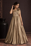 Girls Champagne Gold Sequined One Shoulder Party Wear Gown