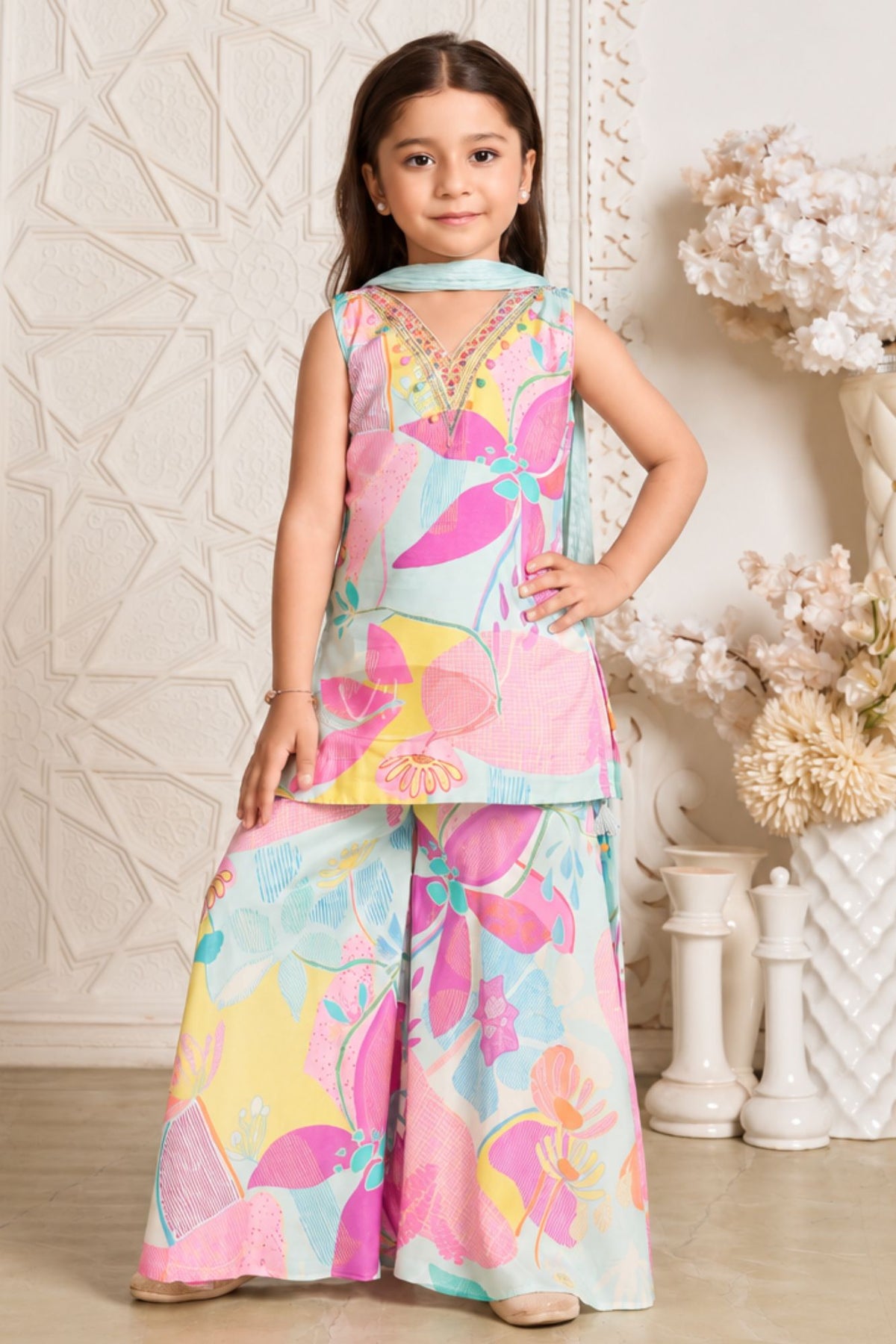 Girls Vibrant Aqua Blue Multicolor Floral Printed Palazzo Set