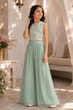 Girls Sea Green Embroidered Crop Top With Pleated Palazzo Set
