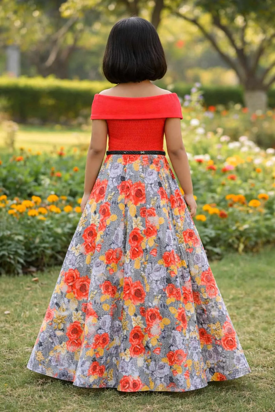 Red Off-Shoulder Gown For Girls