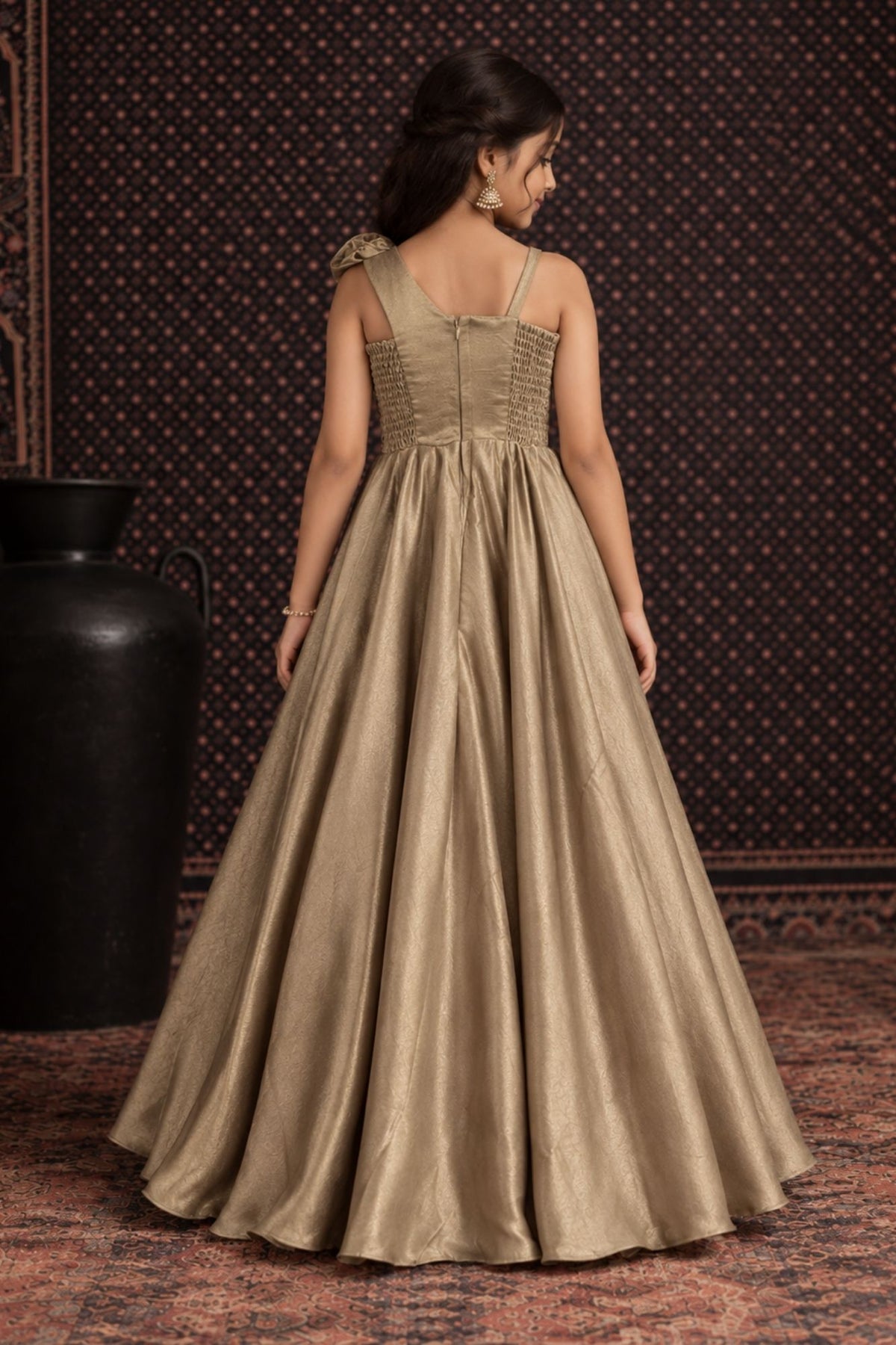 Girls Champagne Gold Sequined One Shoulder Party Wear Gown