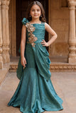 Girls Teal Green Sequin Embellished Draped Sharara Set