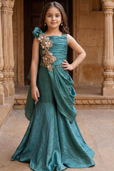 Girls Teal Green Sequin Embellished Draped Sharara Set