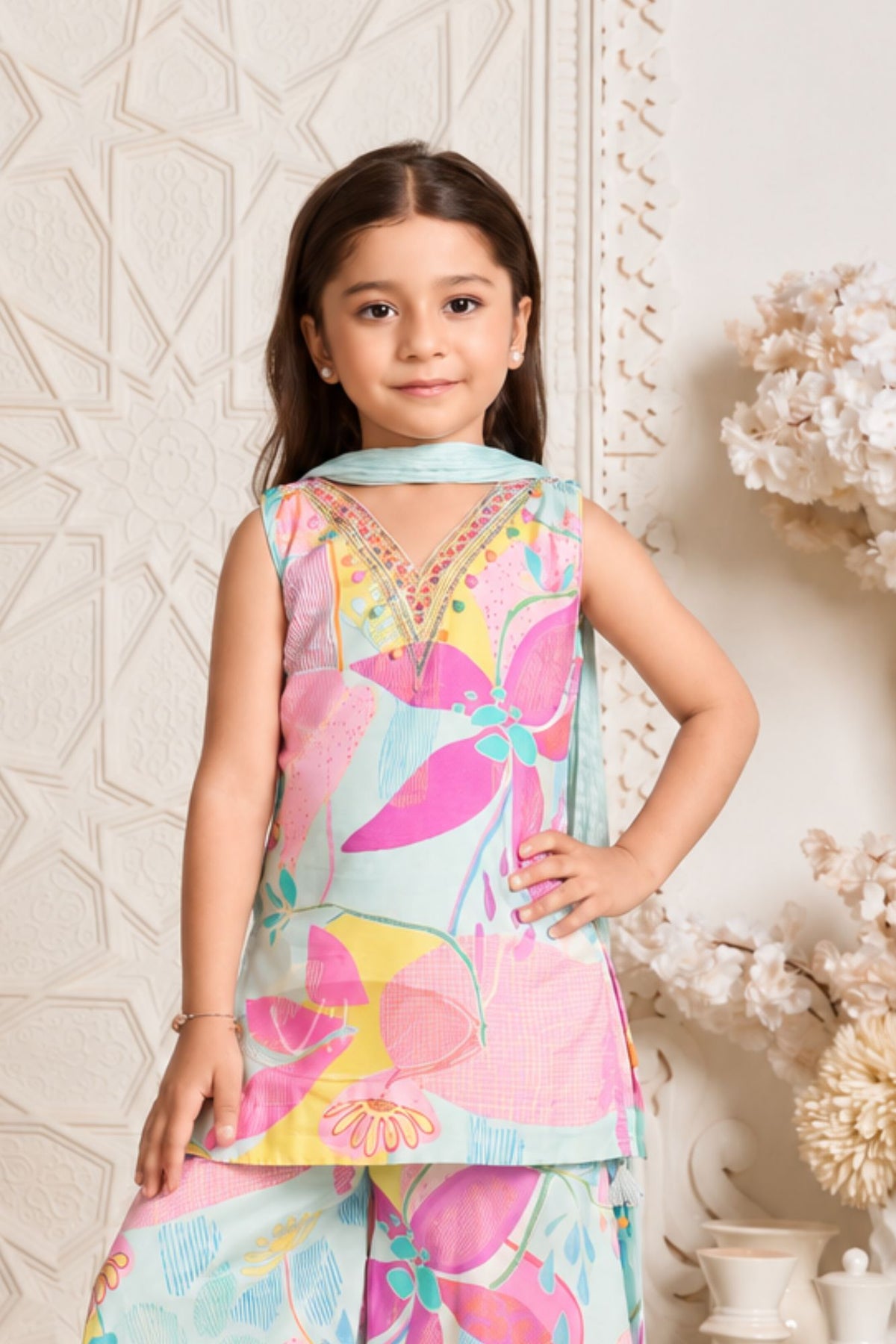Girls Vibrant Aqua Blue Multicolor Floral Printed Palazzo Set