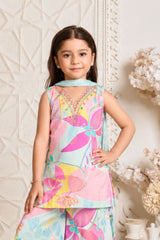 Girls Vibrant Aqua Blue Multicolor Floral Printed Palazzo Set